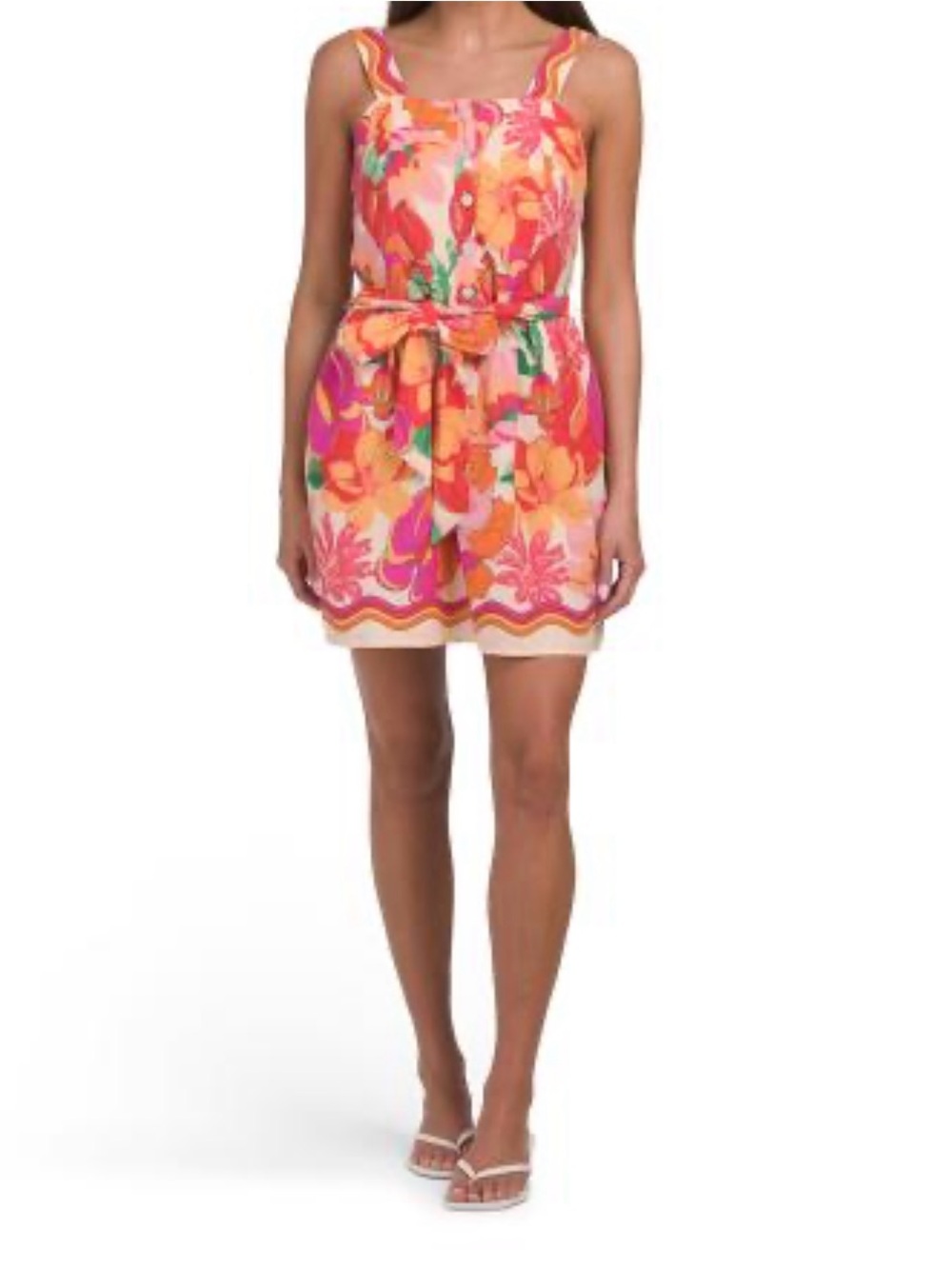 Calypso St Barth Bright Floral Tie-Waist Sundress in Coral & Pink
